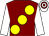 Maroon, large yellow spots, white sleeves, white and maroon hooped cap