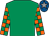 EMERALD GREEN, orange check sleeves, grey star on royal blue cap