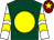 Dark green, yellow disc, white sleeves, yellow chevrons, maroon cap, yellow star