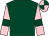 Dark green, pink sleeves, dark green armlets, quartered cap