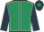 Emerald green, beige seams, dark blue sleeves, dark blue cap, emerald green star