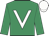 Emerald green, white V, emerald green sleeves, white cap