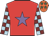 Red, mauve star, light blue and maroon check sleeves, orange cap, emerald green stars