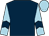 dark blue body, light blue arms, dark blue chevron,  light blue cap