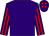 purple, red stripes on sleeves, red spots on cap purple, red stripes on sleeves, red spots on cap