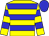 Yellow body, blue hooped, yellow arms, blue hooped, blue cap