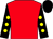 Red, black sleeves, yellow spots, black cap Red, black sleeves, yellow spots, black cap