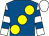 Royal blue, large yellow spots, white & royal blue hooped sleeves, white cap