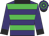 Purple and lime green hoops, black collar, cuffs and peak Purple and lime green hoops, black collar, cuffs and peak