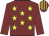 Maroon, yellow stars, maroon sleeves, striped cap