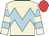 Beige, light blue chevron hoop, light blue hoops on sleeves, red cap
