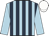 Light blue & dark blue stripes, light blue sleeves, white cap