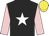 Black, white star, pink sleeves, yellow cap