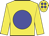 Yellow body, blue disc, yellow arms, yellow cap, blue spots