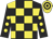 Black and yellow check, black sleeves, yellow spots, yellow and black hooped cap