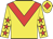 Yellow, red chevron, yellow sleeves, red stars, yellow cap, red diamond