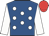 Royal blue, white spots and sleeves, red cap