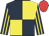 Dark blue and yellow quartered, striped sleeves, red cap