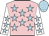 Pink, light blue stars, white sleeves, light blue stars and cap
