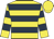 Yellow body, dark blue hooped, yellow arms, dark blue hooped, yellow cap