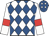 White and royal blue diamonds, white sleeves, red armlets, royal blue cap, white diamonds