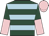 Dark green, light blue hoops, dark green and pink halved sleeves, pink cap