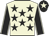 Beige body, black stars, black arms, beige seams, black cap, beige star