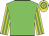 Green body, yellow arms, green striped, yellow cap, green hooped