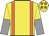 Yellow, orange braces, yellow and grey halved sleeves, yellow cap, orange stars