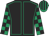 Black, emerald green seams, emerald green and black check sleeves, striped cap