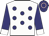 White, navy and lilac spot, navy sleeves, white cuffs, navy cap, lilac hoop White, navy and lilac spot, navy sleeves, white cuffs, navy cap, lilac hoop