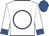 White, royal blue circle, white sleeves, royal blue cuffs, royal blue cap