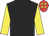 Black, yellow sleeves, red cap, yellow spots