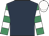 Dark blue, emerald green and white hooped sleeves, white cap