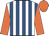White and royal blue stripes, orange sleeves and cap