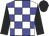 white and blue check, black sleeves and cap