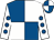 Royal blue and white (quartered), white sleeves, royal blue spots Royal blue and white (quartered), white sleeves, royal blue spots