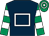 Dark blue, white hollow box, emerald green and white hooped sleeves and cap Dark blue, white hollow box, emerald green and white hooped sleeves and cap