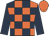 orange and dark blue checked, dark blue sleeves, orange cap