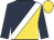 Dark blue and gold halved diagonally, white sash, dark blue sleeves, gold cap