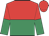 red and emerald green halved horizontally, red and emerald green halved sleeves, red cap red and emerald green halved horizontally, red and emerald green halved sleeves, red cap