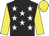 Black, white stars, yellow sleeves and cap Black, white stars, yellow sleeves and cap