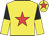 Yellow, red star, black and yellow halved sleeves, yellow cap, red star