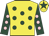 Yellow, dark green spots, dark green sleeves, pink spots, yellow cap, dark green star