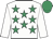 White, emerald green stars, white sleeves, emerald green cap