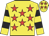 Yellow body, red stars, yellow arms, black hooped, yellow cap, red stars