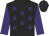 Black, purple stars, purple sleeves, black cap, purple stars