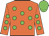 Orange body, green spots, orange arms, green spots, green cap