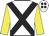 White, black cross sashes, yellow sleeves, black spots on white cap