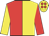 Red and yellow (halved), sleeves reversed, yellow cap, red spots